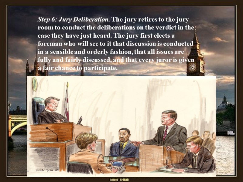 Step 6: Jury Deliberation. The jury retires to the jury room to conduct the